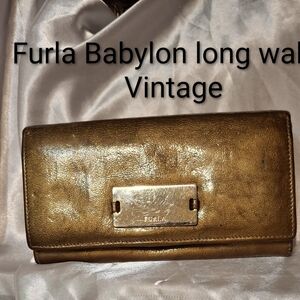 Furla Vintage Gold Metallic Babylon Women's Patent Leather Long Wallet